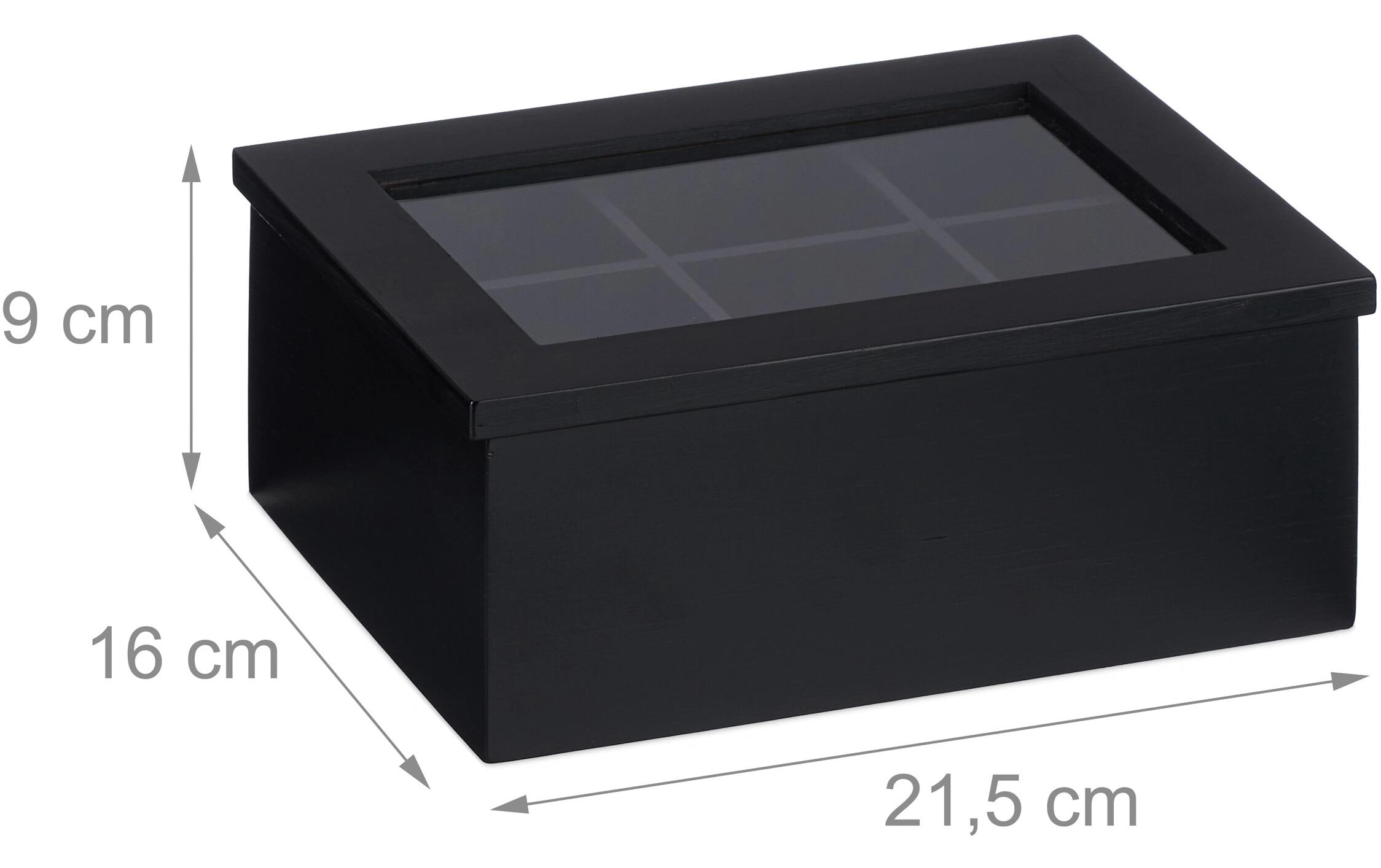 relaxdays Teebeutel-Box 6 Fächer, Schwarz/Transparent