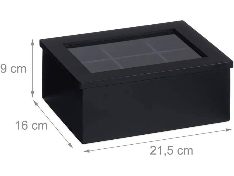 relaxdays Teebeutel-Box 6 Fächer, Schwarz/Transparent