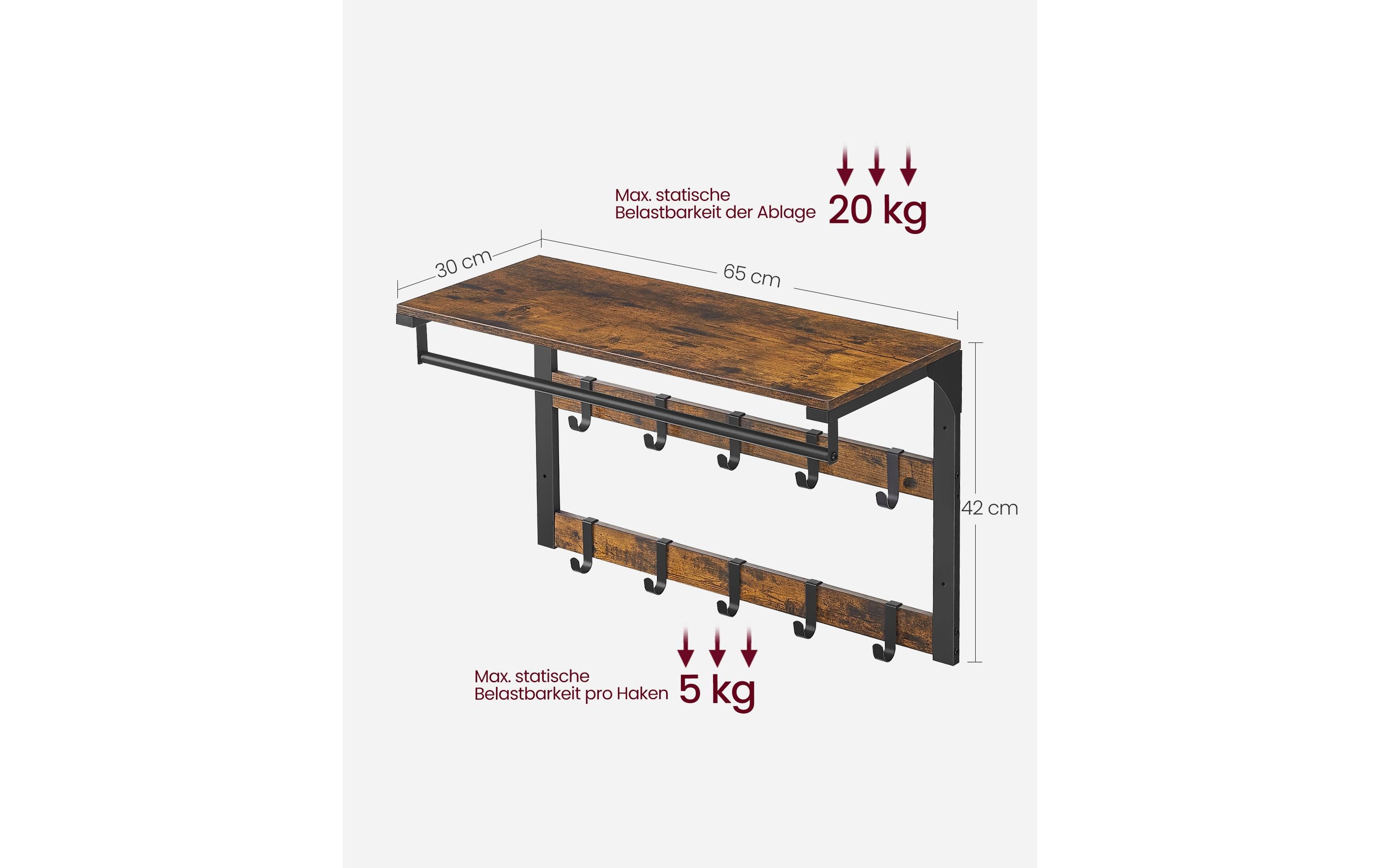 VASAGLE Wandgarderobe mit Ablage 65 x 42 cm, Braun/Schwarz