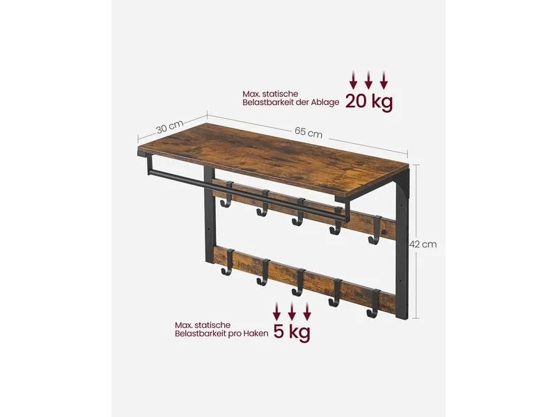 VASAGLE Wandgarderobe mit Ablage 65 x 42 cm, Braun/Schwarz VASAGLE Wandgarderobe mit Ablage 65 x 42 cm, Braun/Schwarz
