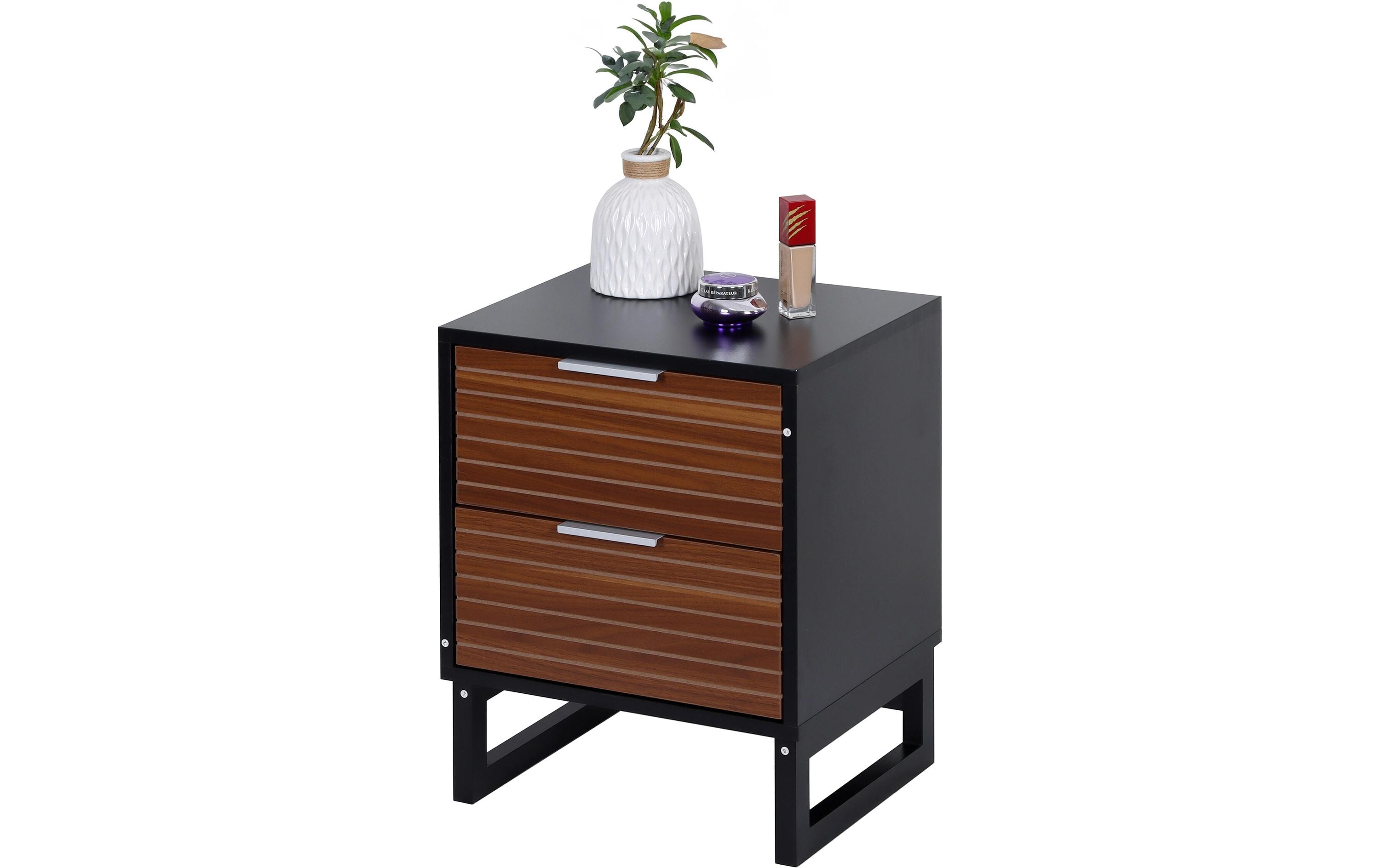 relaxdays Nachttisch mit 2 Schubladen 40 x 50 cm, Schwarz/Braun/Silber