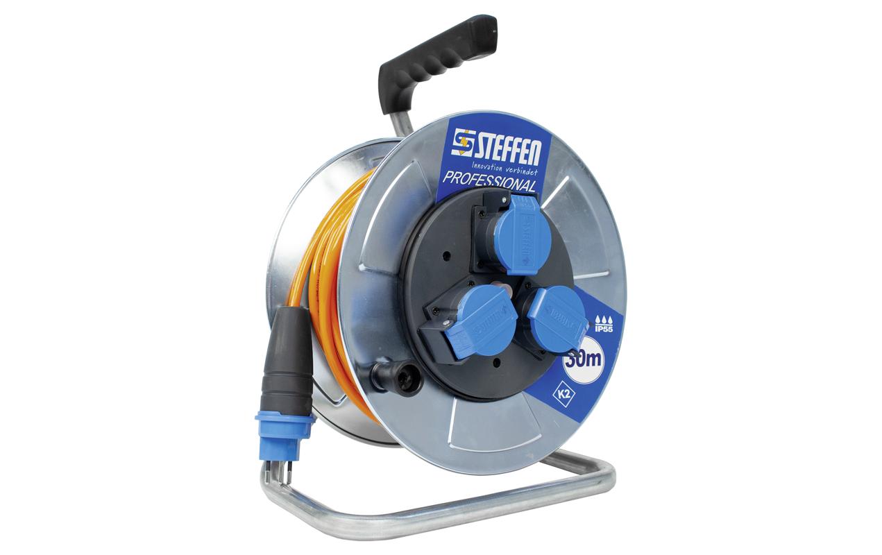 STEFFEN Kabelrolle Professional 30 m 3x T13, IP55, Silber