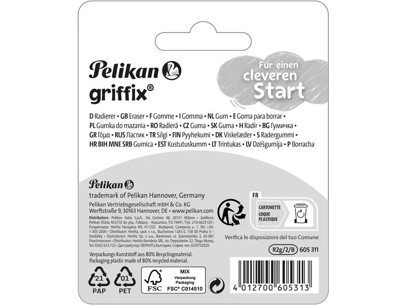 Pelikan Radiergummi Griffix 2 Stück, farbig, Blister Pelikan Radiergummi Griffix 2 Stück, farbig, Blister