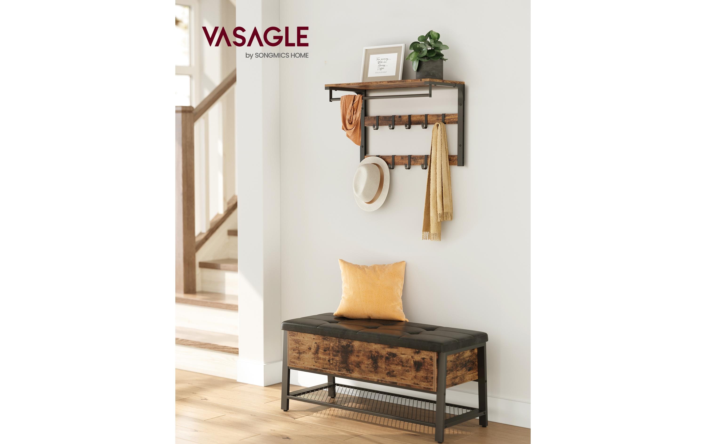 VASAGLE Wandgarderobe mit Ablage 65 x 42 cm, Braun/Schwarz