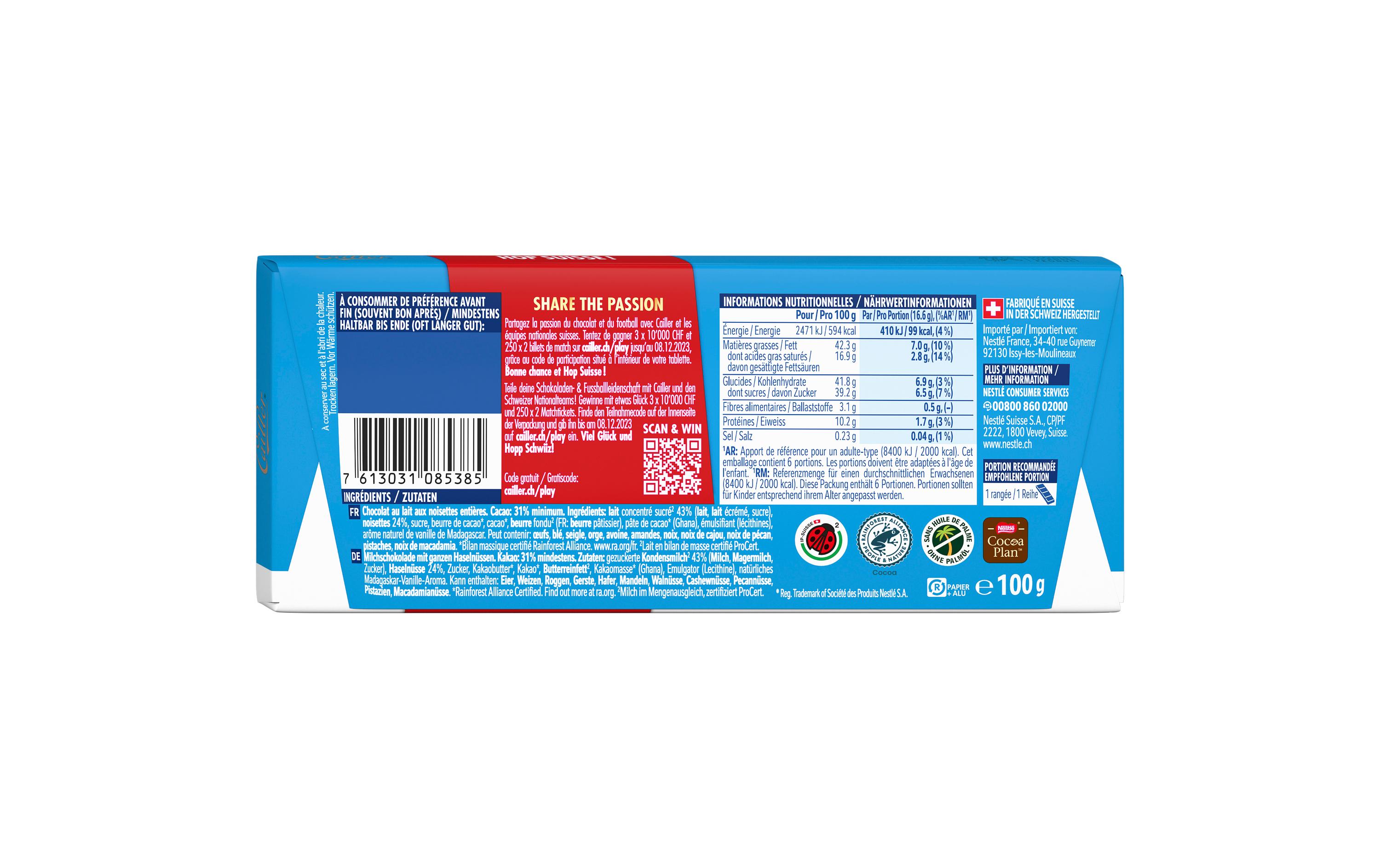 Cailler Tafelschokolade Milch Nuss 100 g