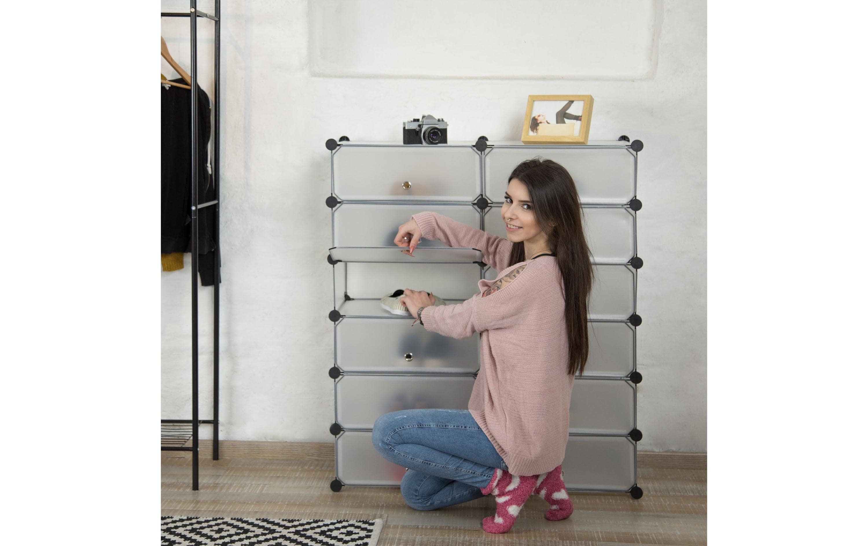 relaxdays Schuhschrank mit 12 Fächern Schwarz/Transparent