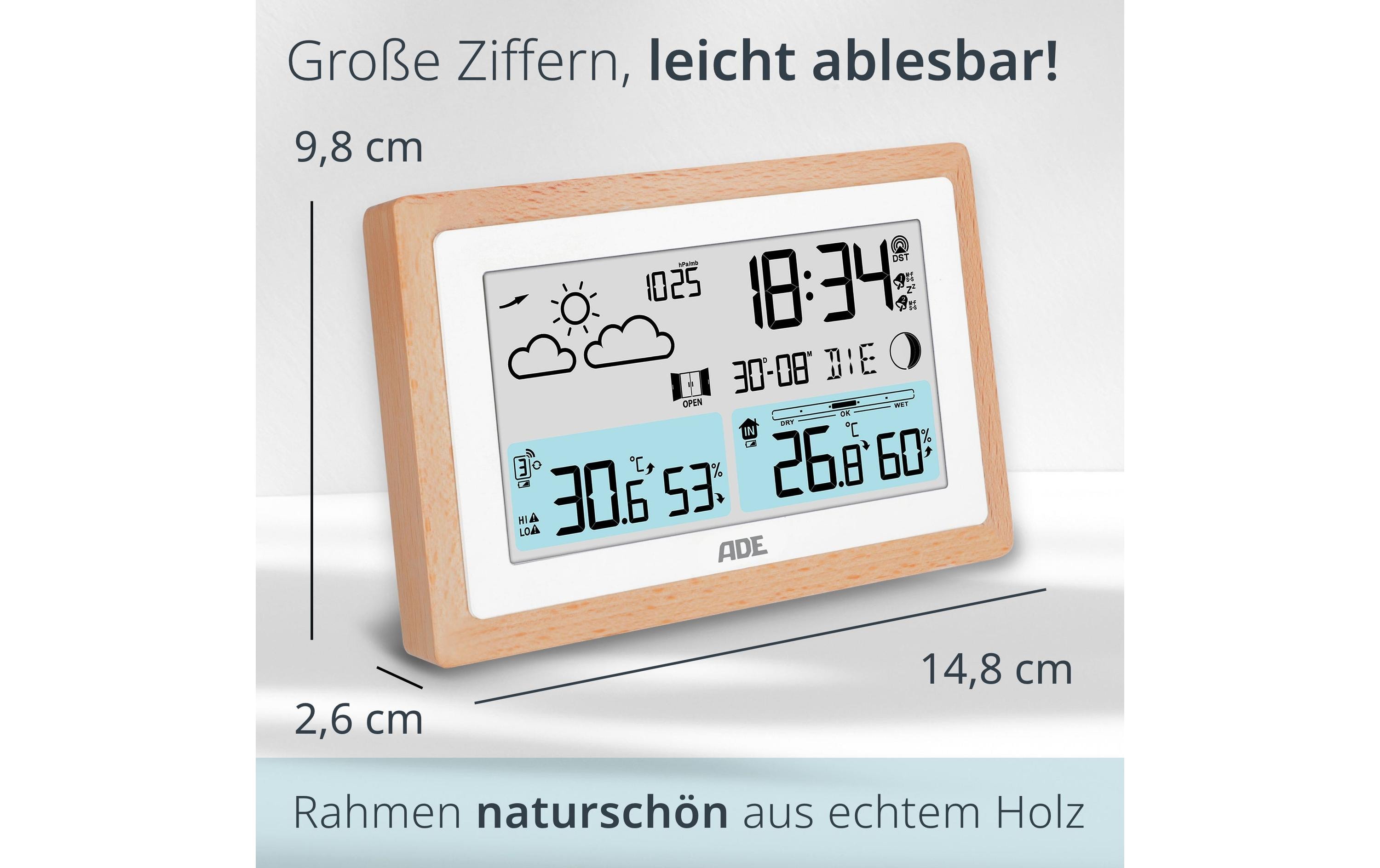 ADE Wetterstation mit Funk-Aussensensor Holz-Weiss