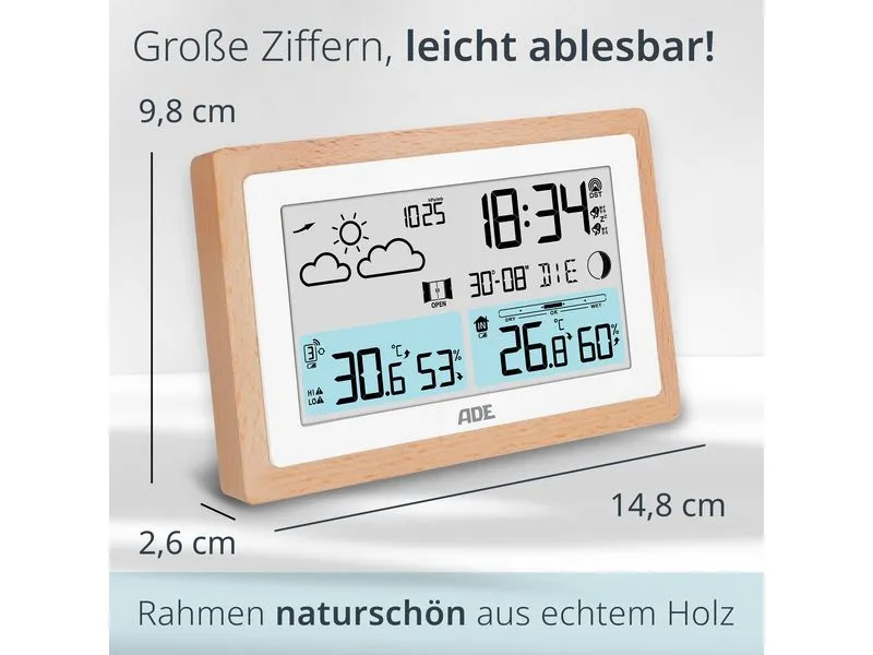 ADE Wetterstation mit Funk-Aussensensor Holz-Weiss