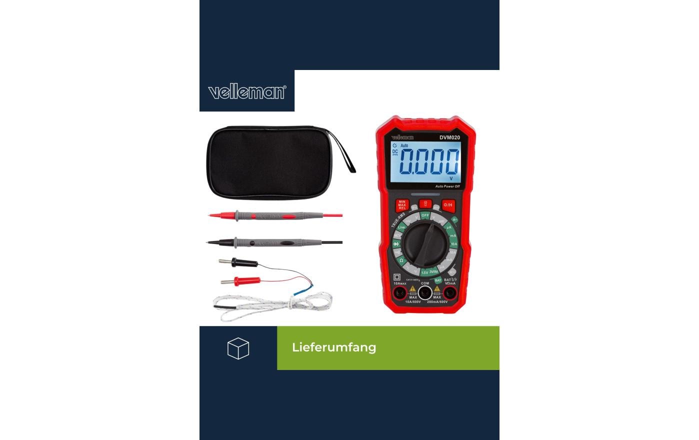 Velleman Digital-Multimeter DVM020 Digital True-RMS CAT III 600 V