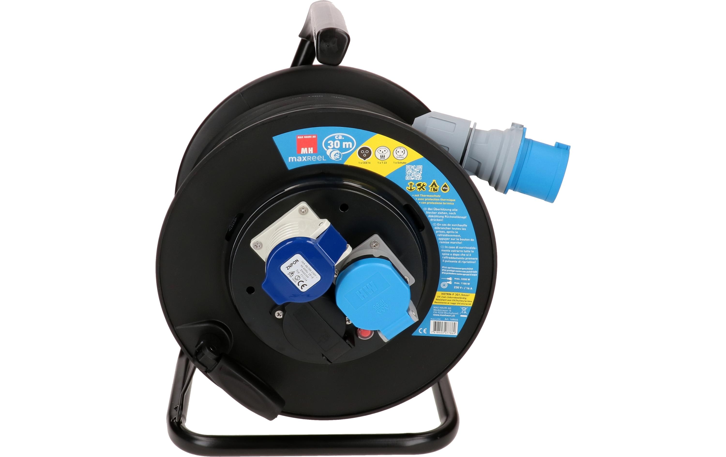 Max Hauri Kabelrolle 30 m, 1x T23, 1x CEE16/3, 1x Schuko, Schwarz