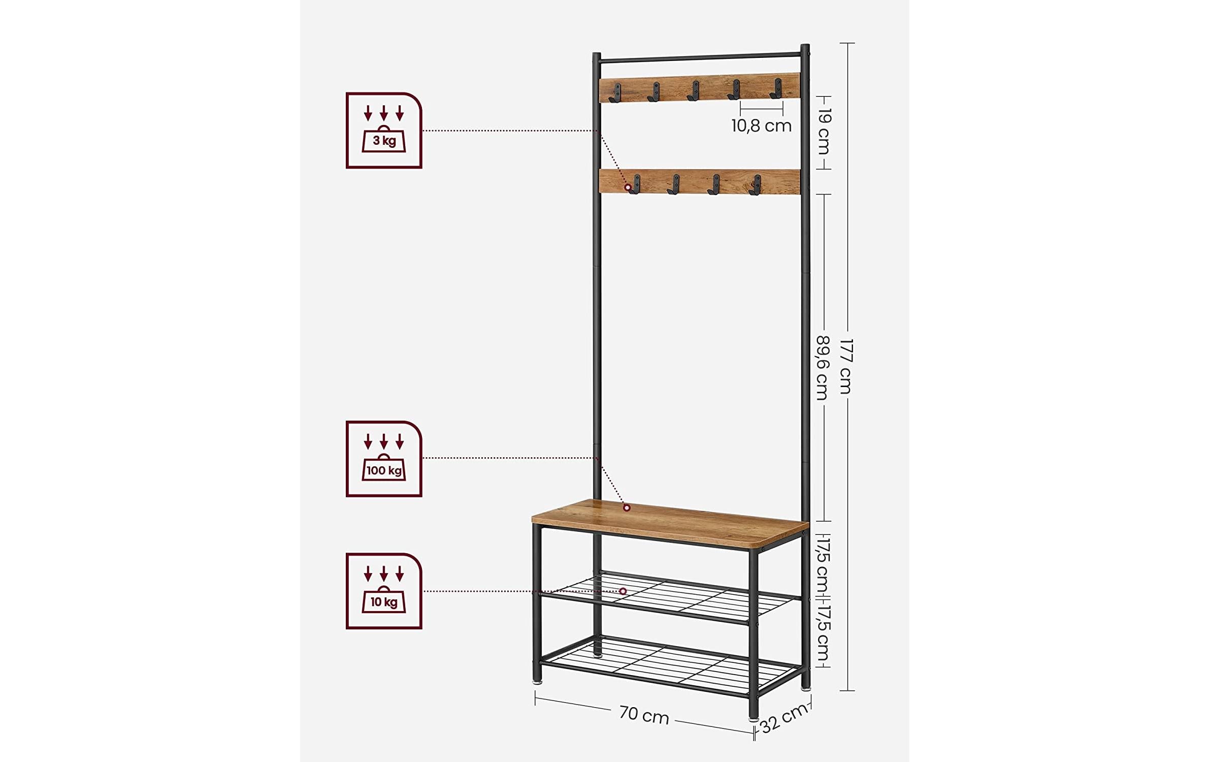 VASAGLE Garderobe mit Schuhregal 32 cm x 175 cm, Braun/Schwarz