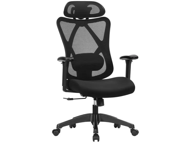 Songmics Bürostuhl mit Kopfstütze und Armlehnen, Schwarz