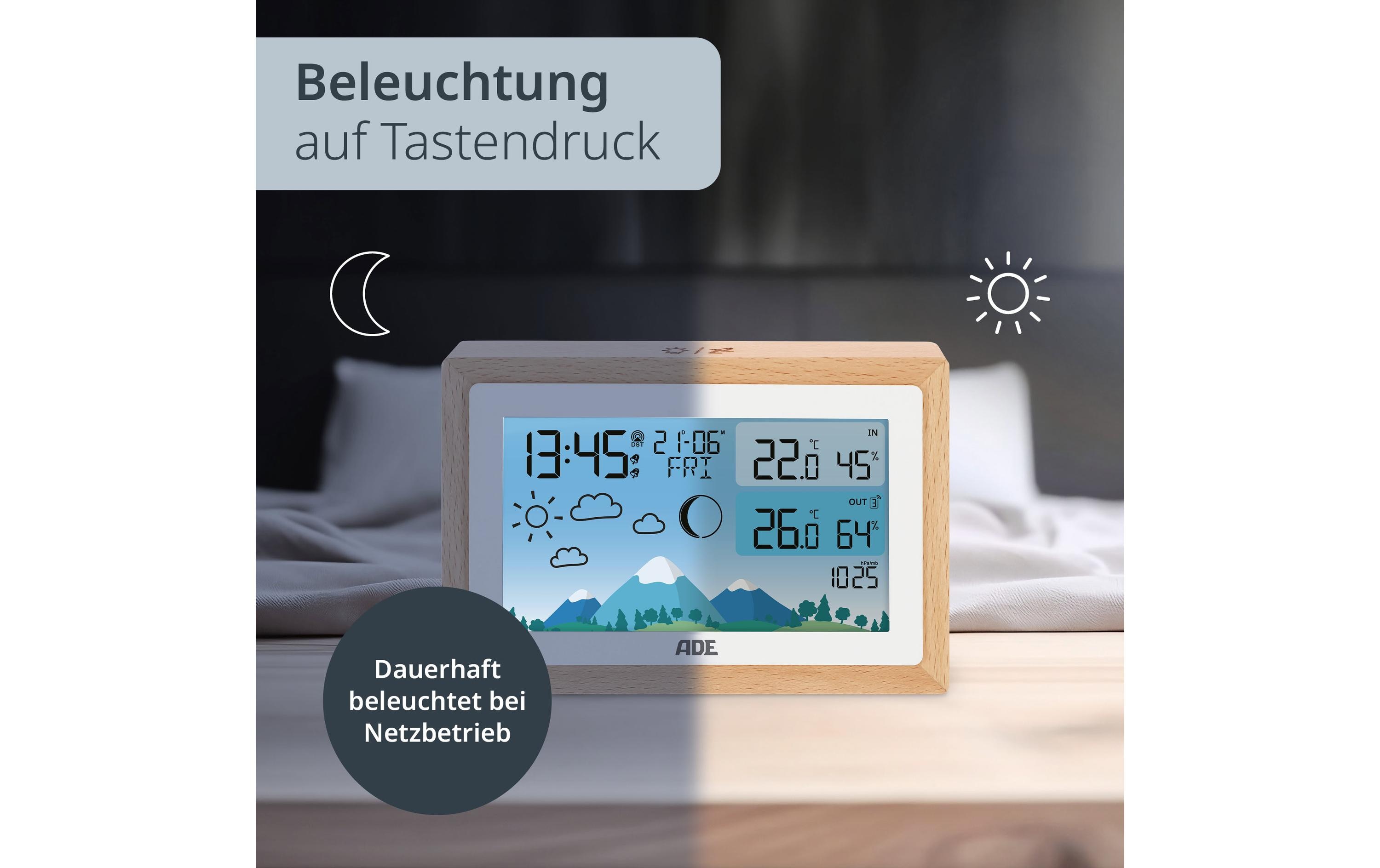 ADE Wetterstation mit Funk-Aussensensor Holz-weiss