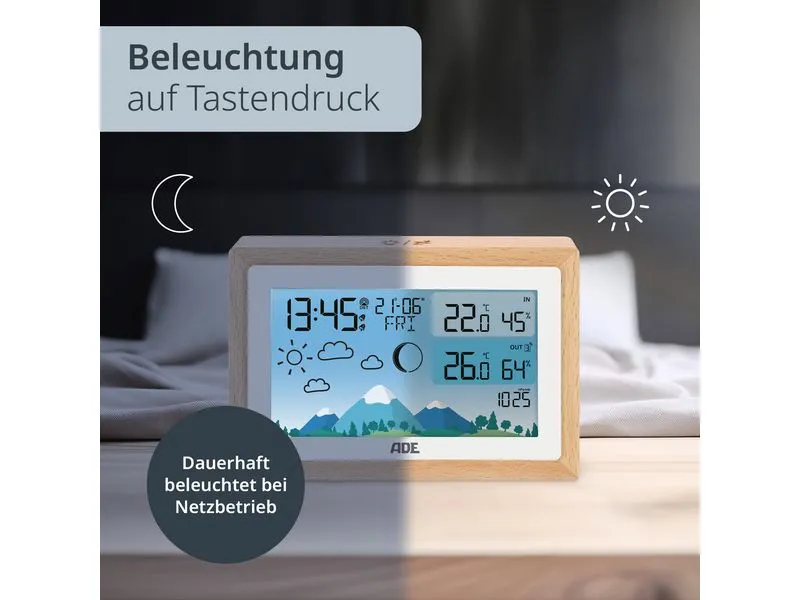 ADE Wetterstation mit Funk-Aussensensor Holz-weiss