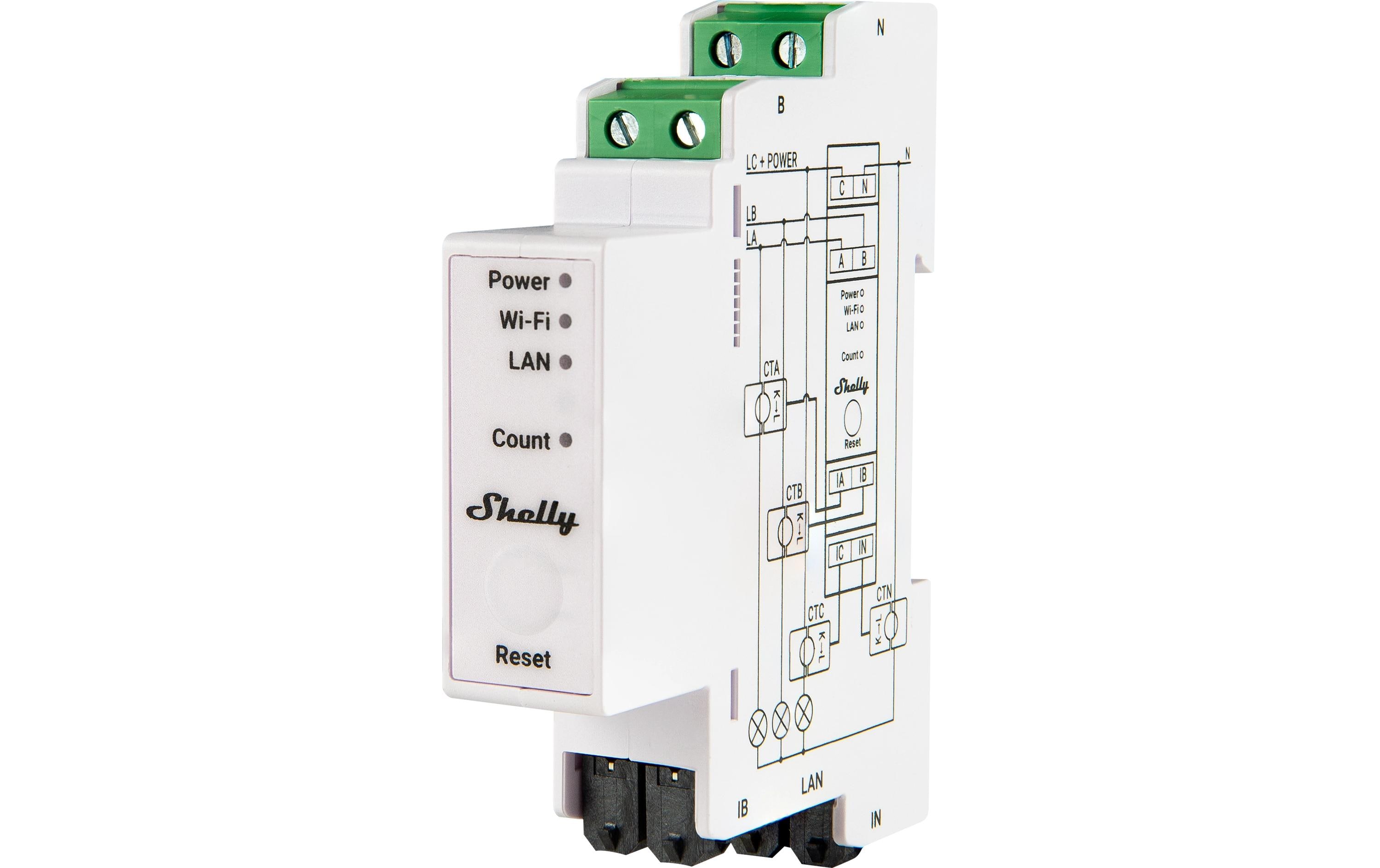Shelly Hutschiene · Pro 3EM 120A v2 · WLAN · LAN · BT