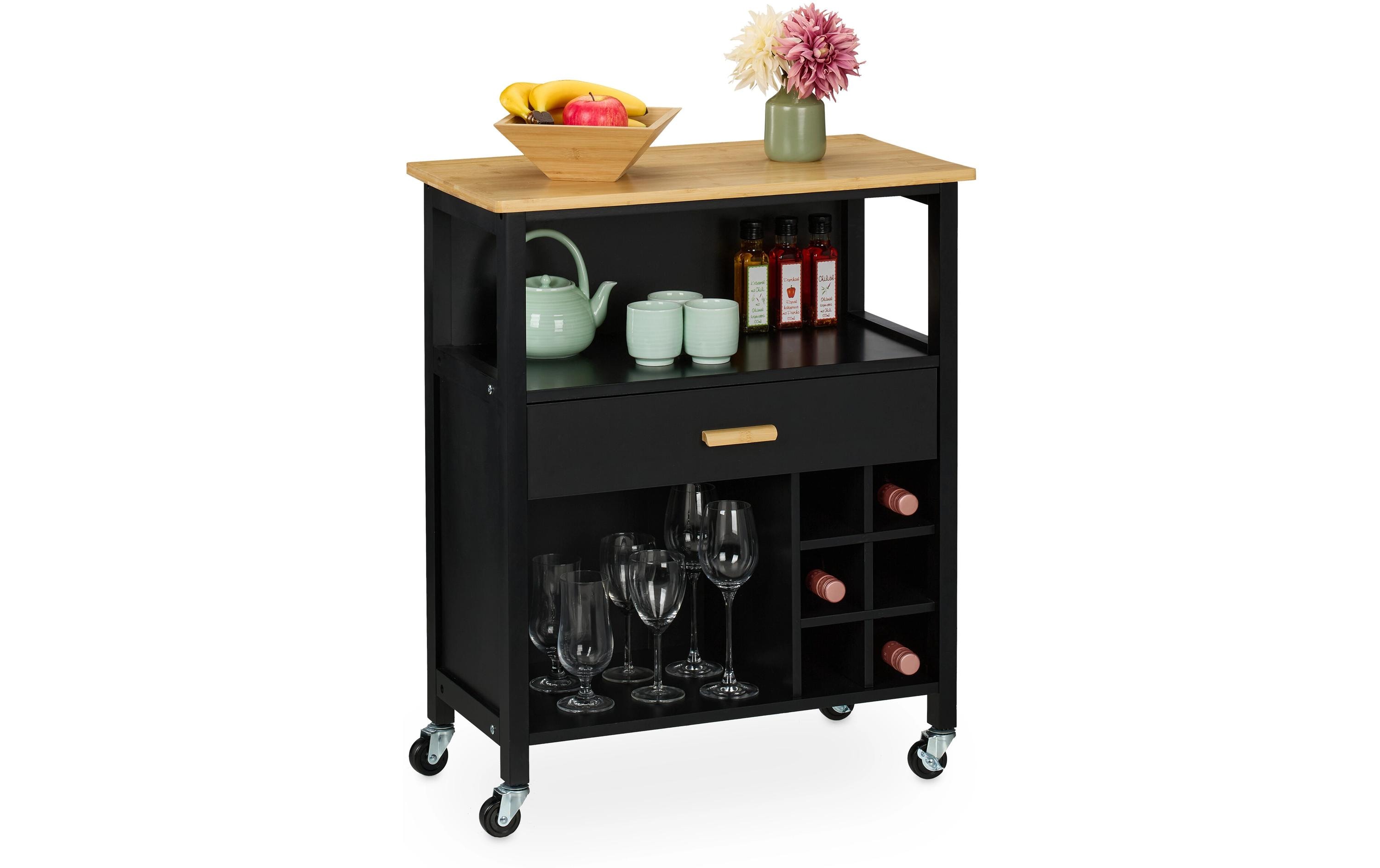 relaxdays Küchenwagen mit Weinregal 80 x 65 x 35 cm, Schwarz