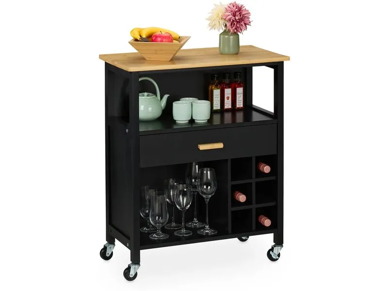 relaxdays Küchenwagen mit Weinregal 80 x 65 x 35 cm, Schwarz