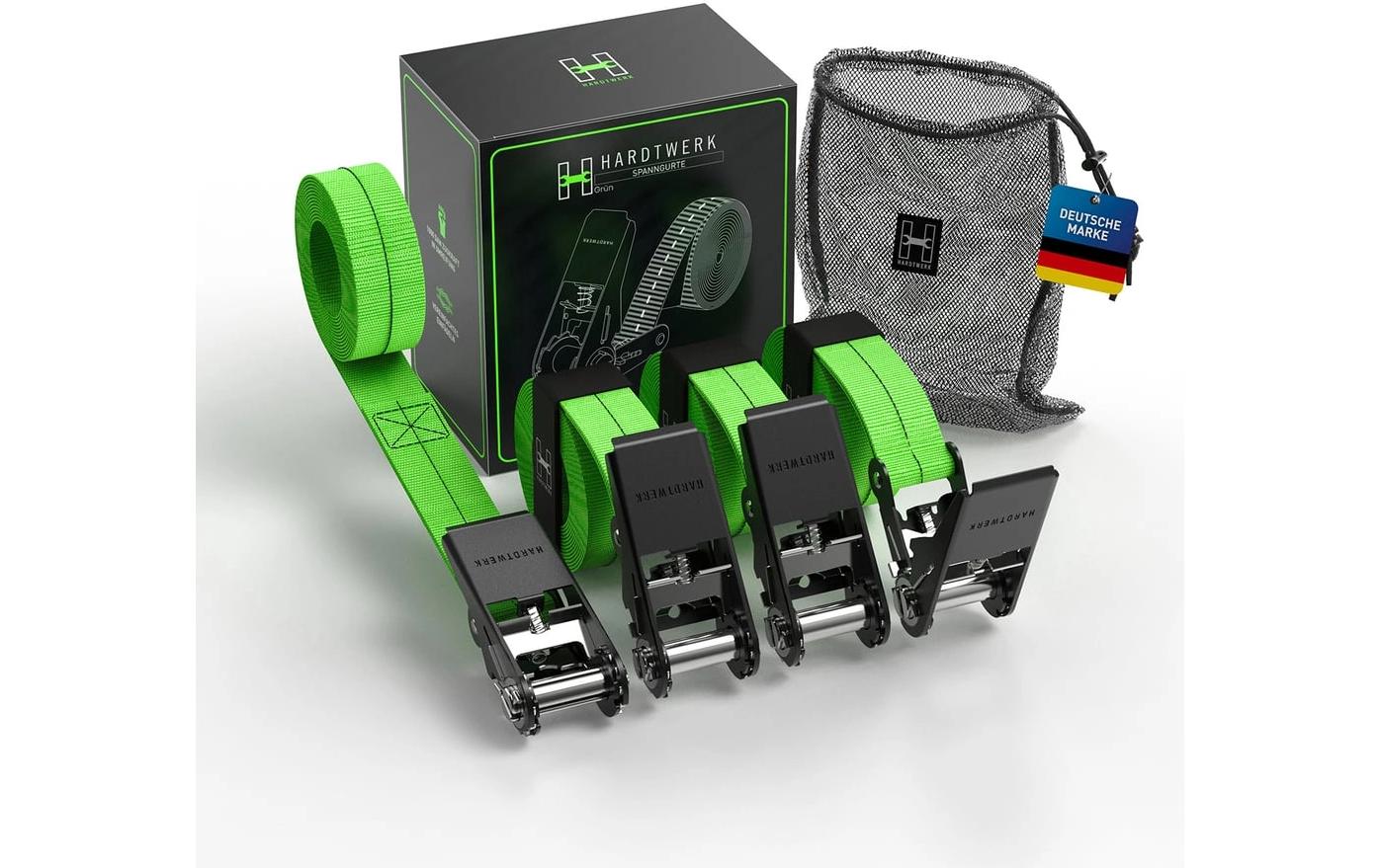 Hardtwerk Spanngurte mit Ratschen 4 Stück, 6 Meter, Grün Hardtwerk Spanngurte mit Ratschen 4 Stück, 6 Meter, Grün