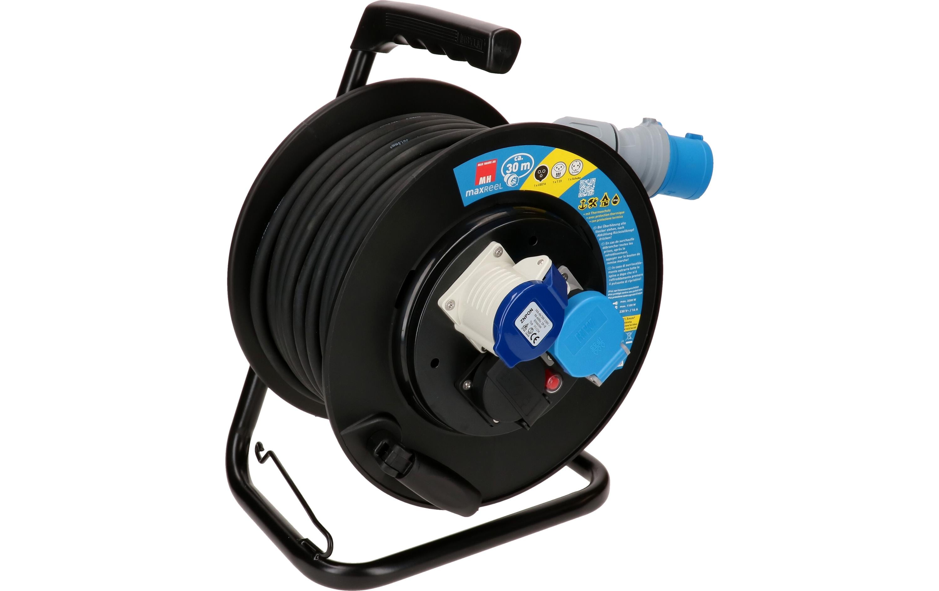 Max Hauri Kabelrolle 30 m, 1x T23, 1x CEE16/3, 1x Schuko, Schwarz