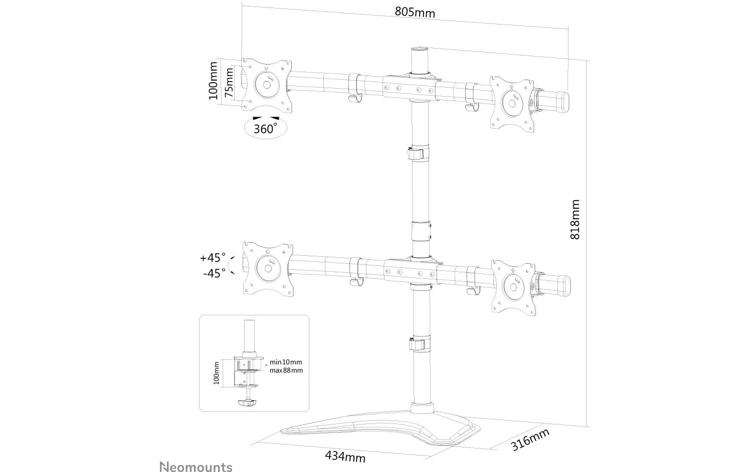 NEOMOUNTS Tischhalterung NM-D335D4 bis 8 kg – Schwarz
