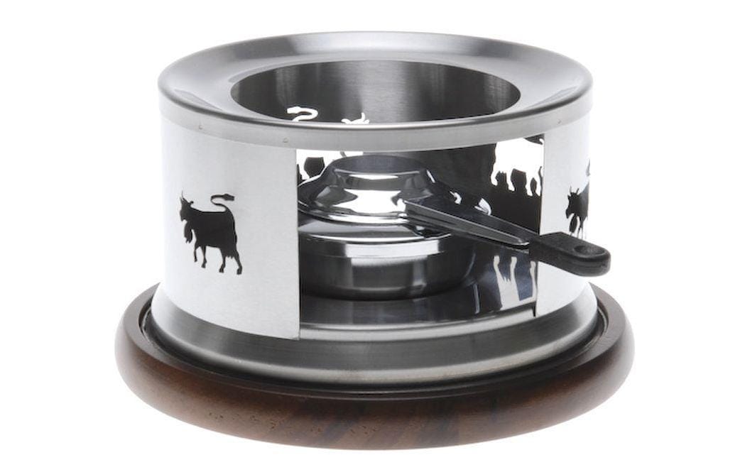 Nouvel Fondue-Rechaud Kuh mit Akazienholz, Silber