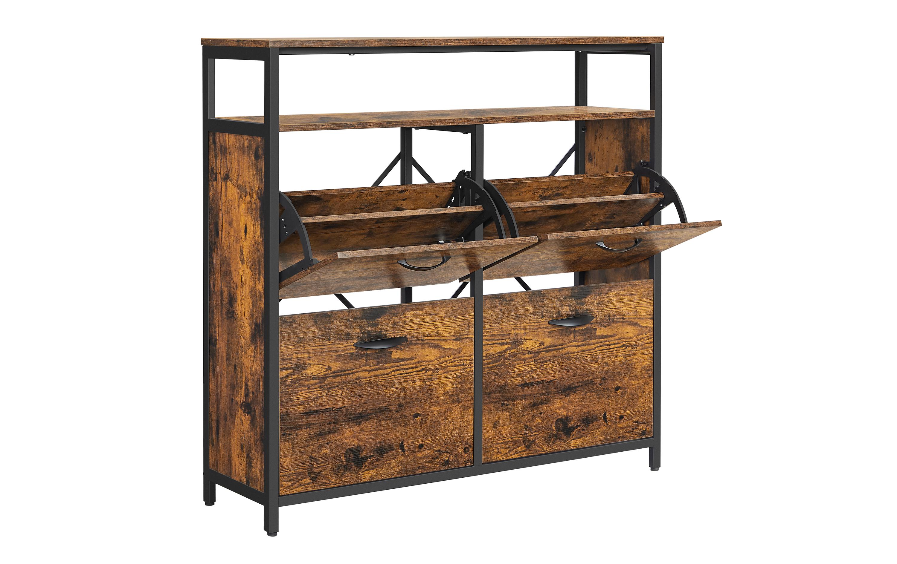 VASAGLE Schuhschrank mit 4 Klappen 95 x 98.3 cm, Braun/Schwarz