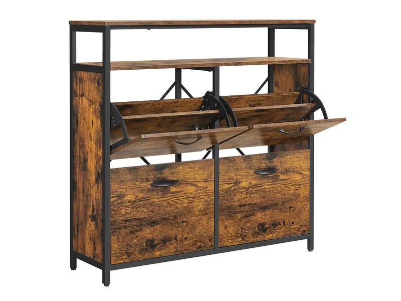 VASAGLE Schuhschrank mit 4 Klappen 95 x 98.3 cm, Braun/Schwarz