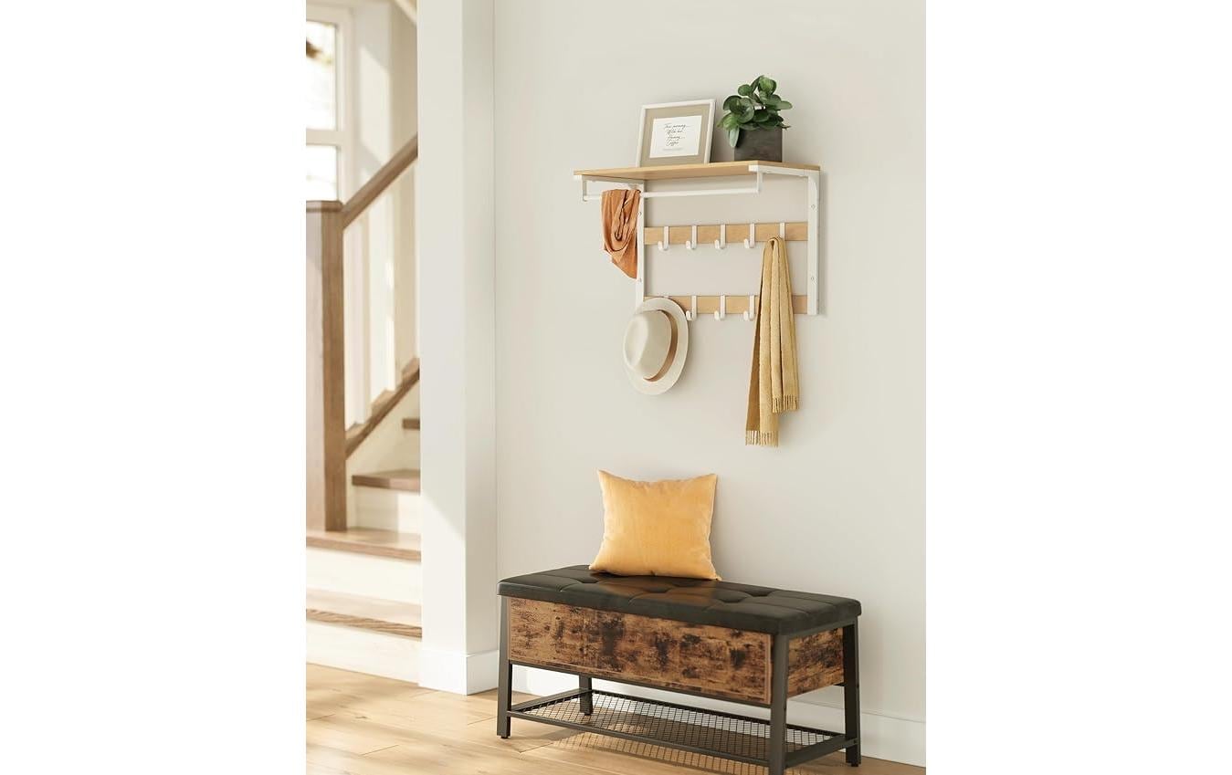 VASAGLE Wandgarderobe mit 10 Haken 65 cm x 42 cm, Weiss/Braun