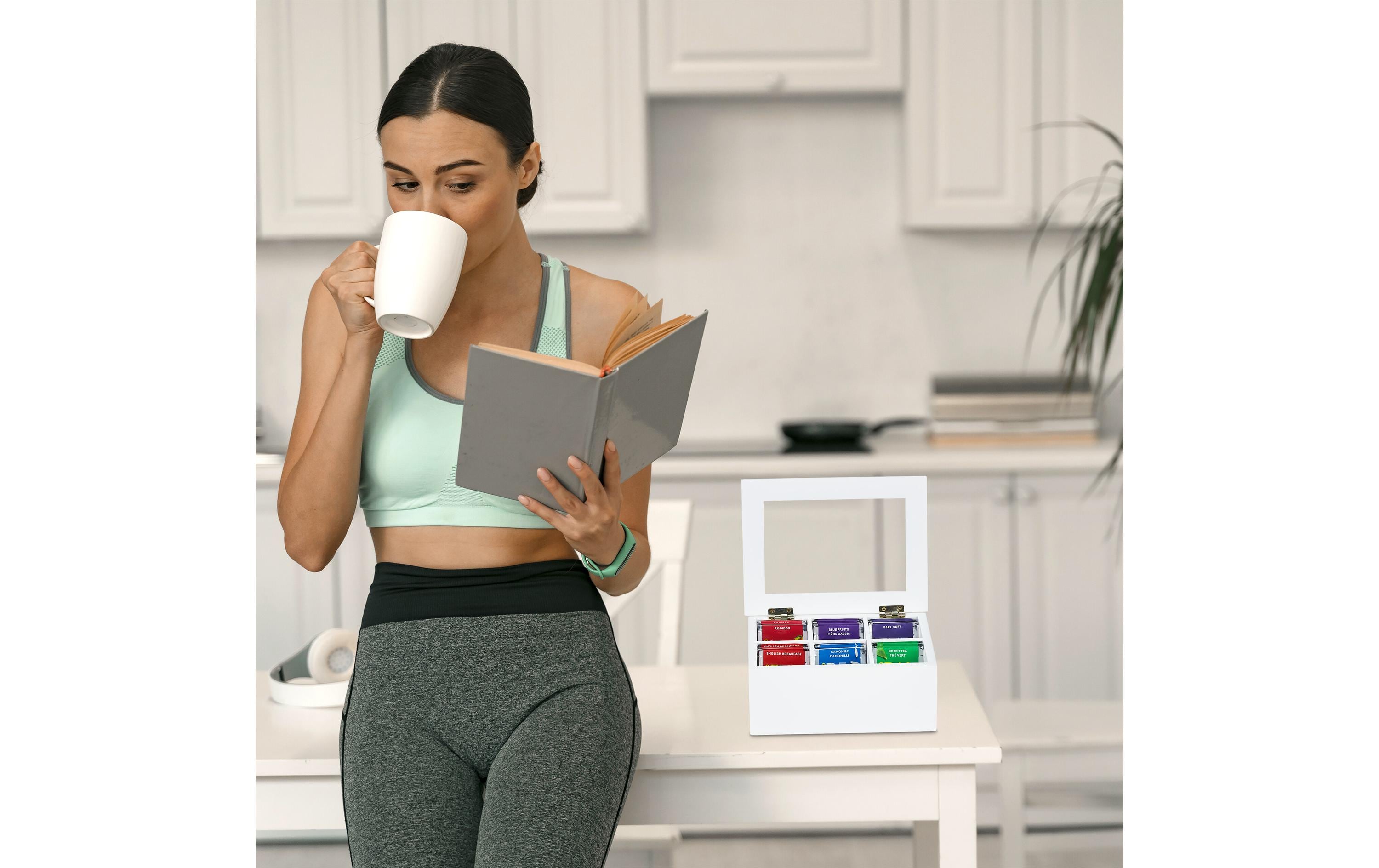 relaxdays Teebeutel-Box 6 Fächer, Transparent/Weiss