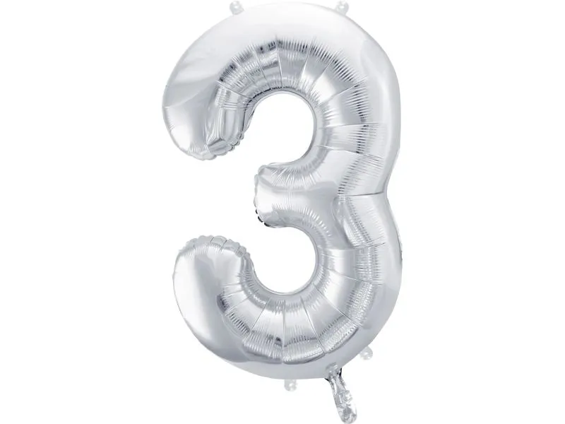 Partydeco Folienballon Zahl 3 gross 86 cm, silber, 1 Stück
