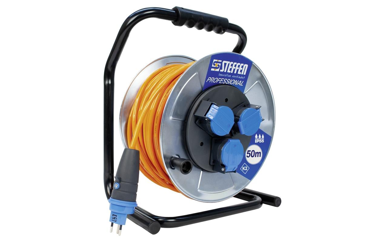 STEFFEN Kabelrolle Professional 50 m 3x T13, IP55, Silber STEFFEN Kabelrolle Professional 50 m 3x T13, IP55, Silber