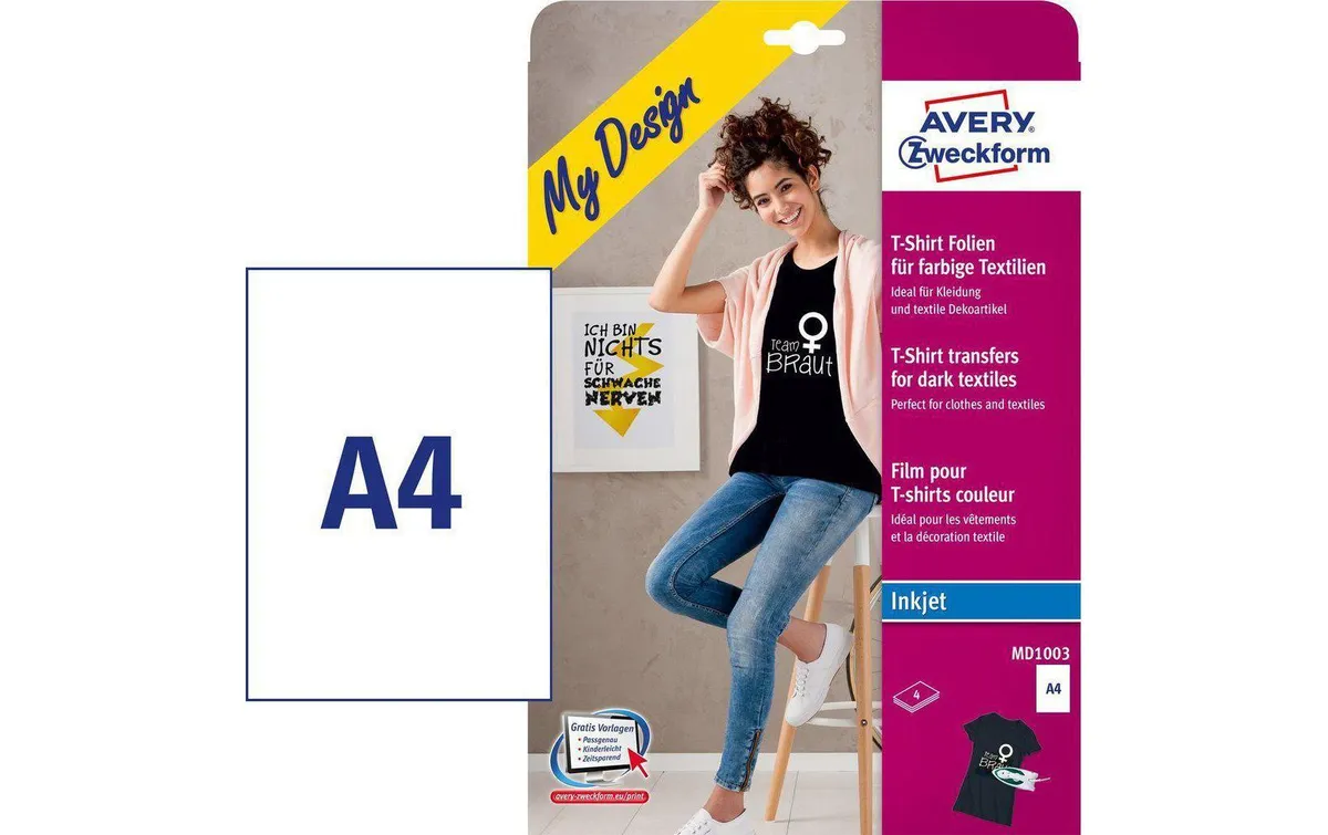 Avery Zweckform Aufbügelfolie Avery Inkjet, für farbige/dunkle Textilien Avery Zweckform Aufbügelfolie Avery Inkjet, für farbige/dunkle Textilien