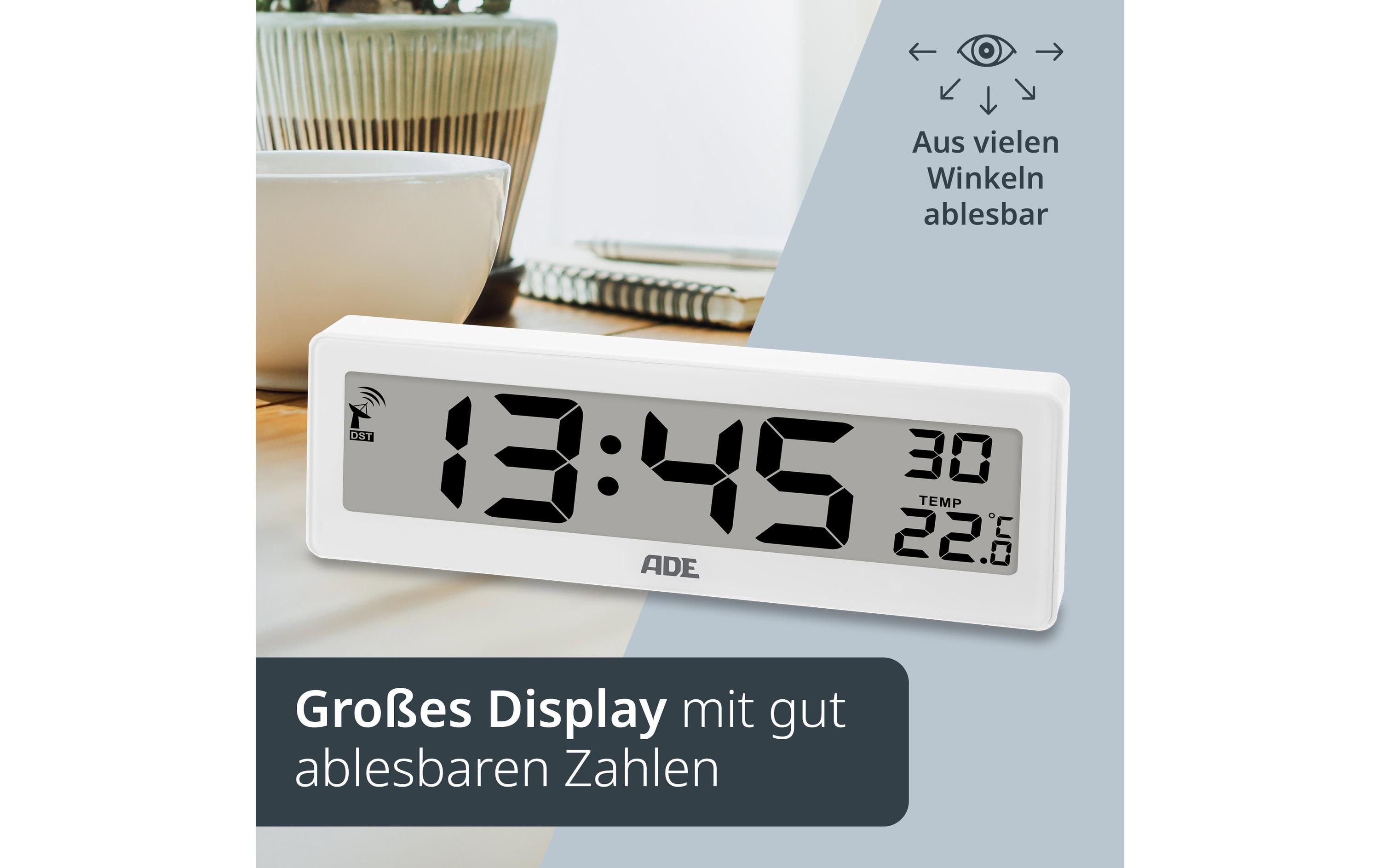 ADE Funkuhr DCF mit XXL-Ziffern digital Weiss