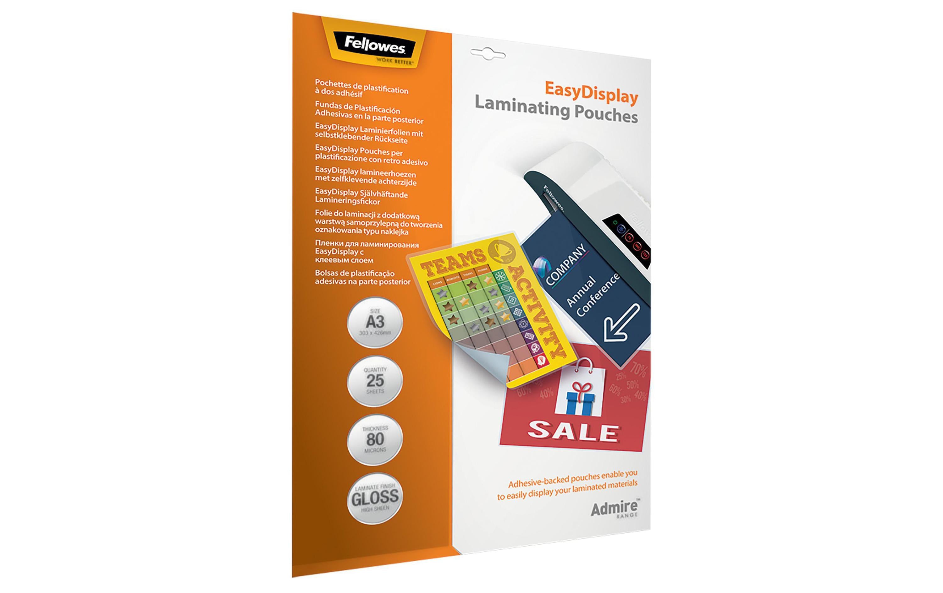 Fellowes Laminierfolie EasyDisplay A3, 80 µm, 25 Stk., Glänz. Selbst. Fellowes Laminierfolie EasyDisplay A3, 80 µm, 25 Stk., Glänz. Selbst.