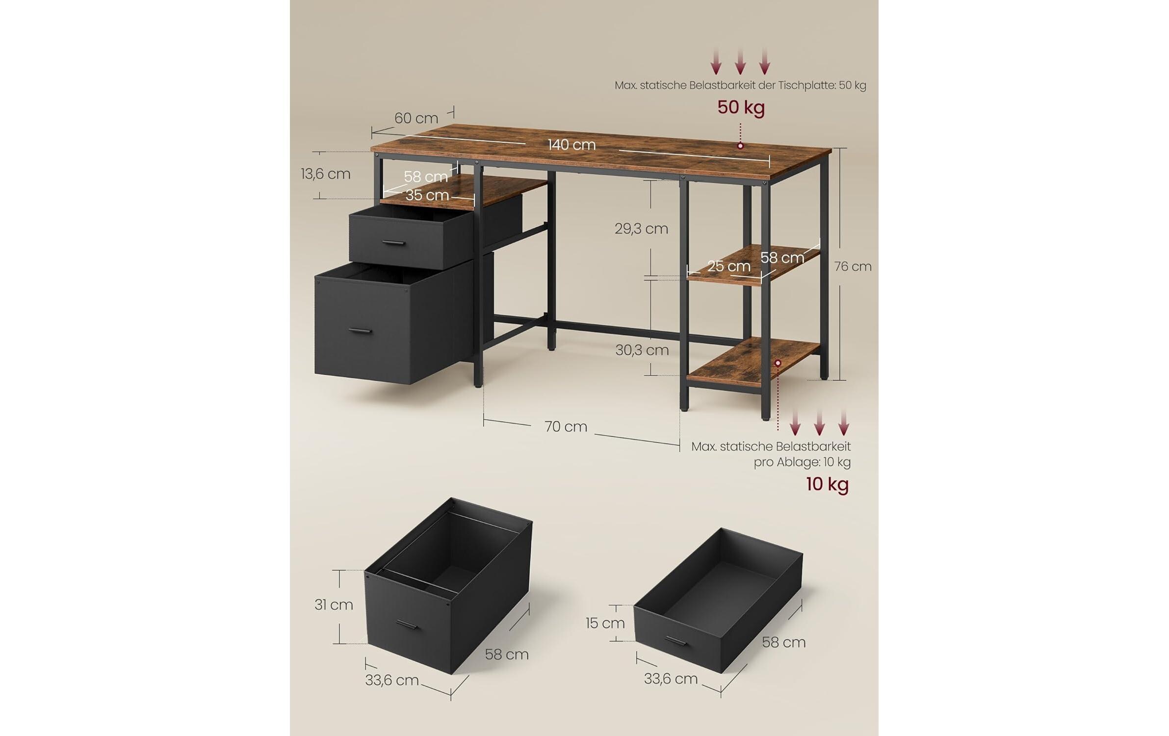 VASAGLE Tisch 140 x 60 cm, Rustikales Braun