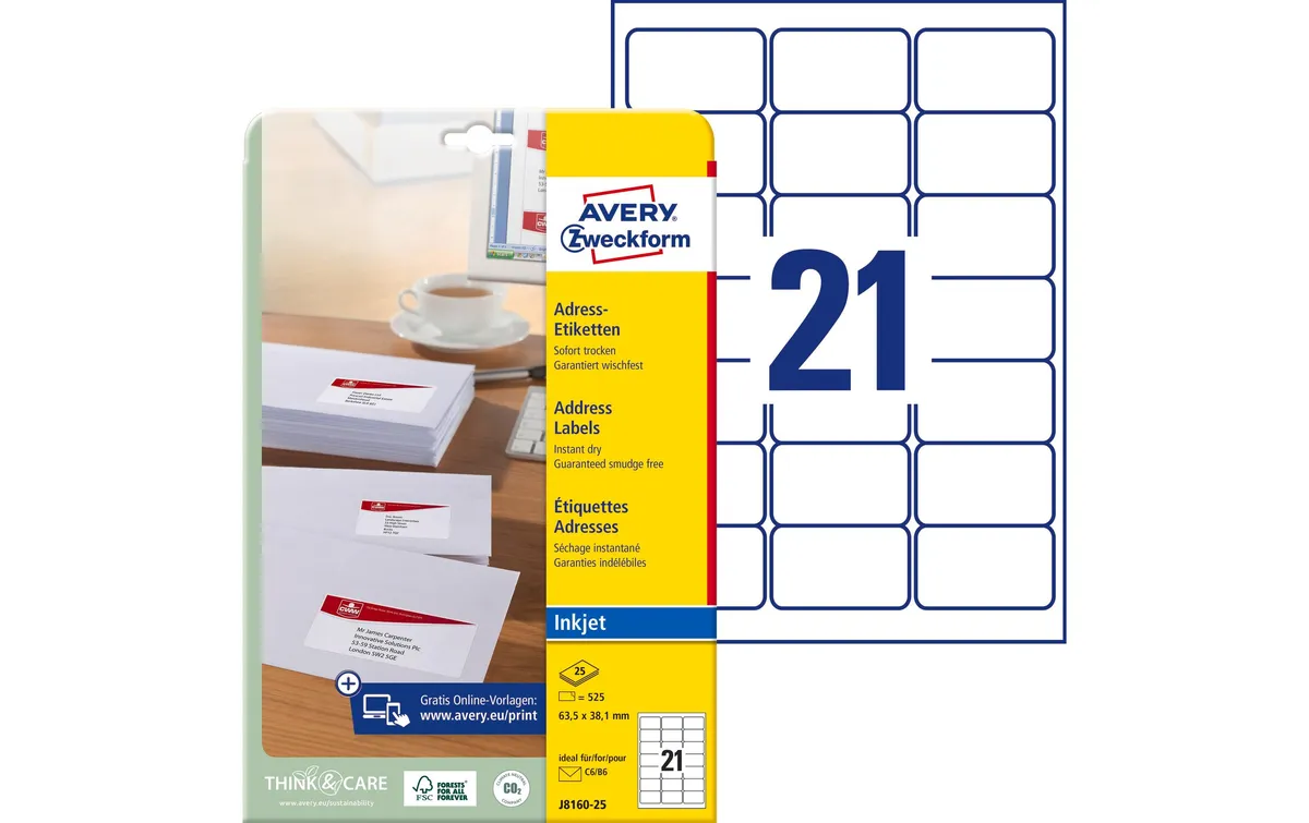 Avery Zweckform Adressetiketten 63.5 x 38.1 mm, 25 Blatt, Weiss