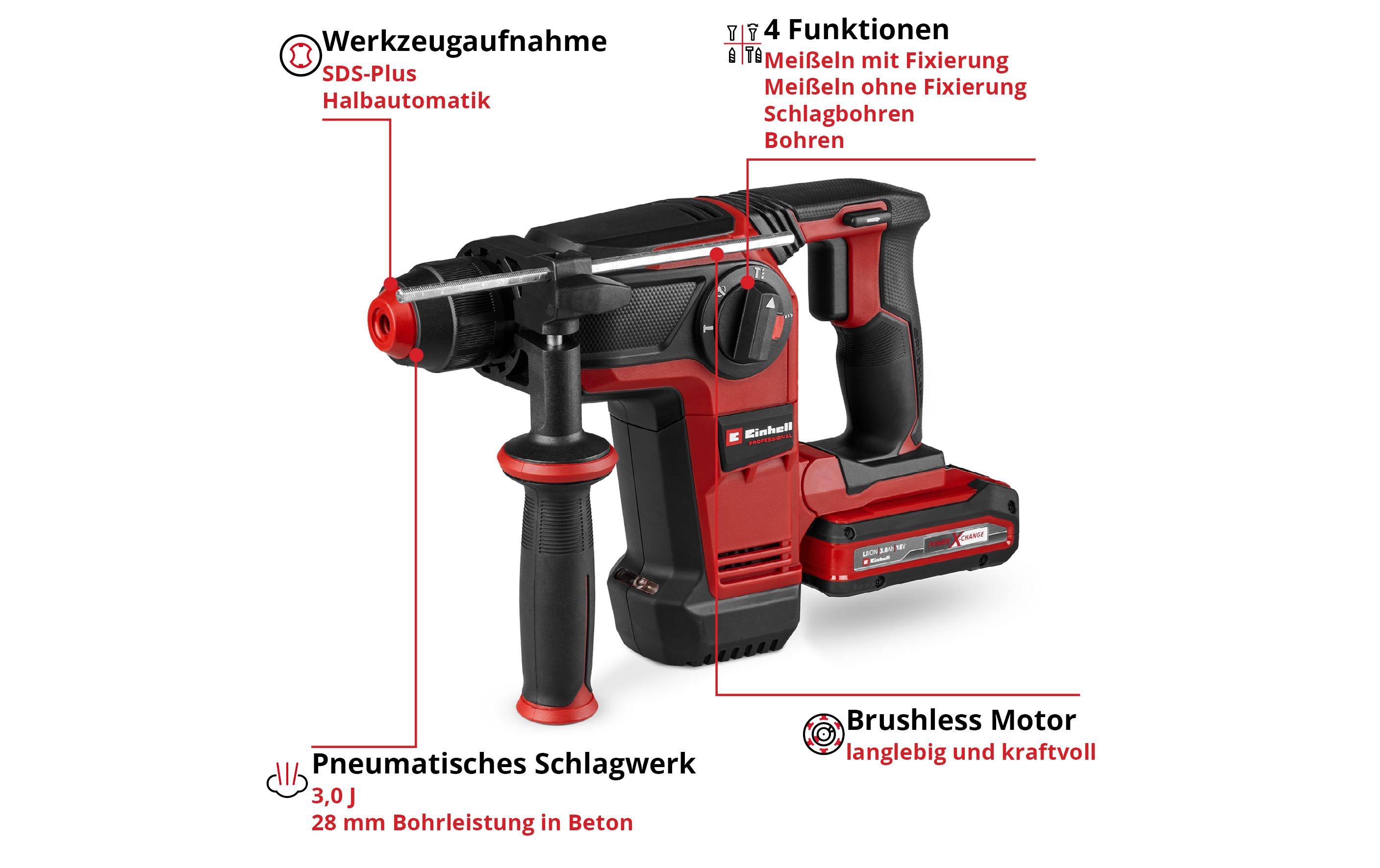 Einhell Akku-Bohrhammer TP-HD 18/28 Li BL+4 (1 x 3.0Ah+)