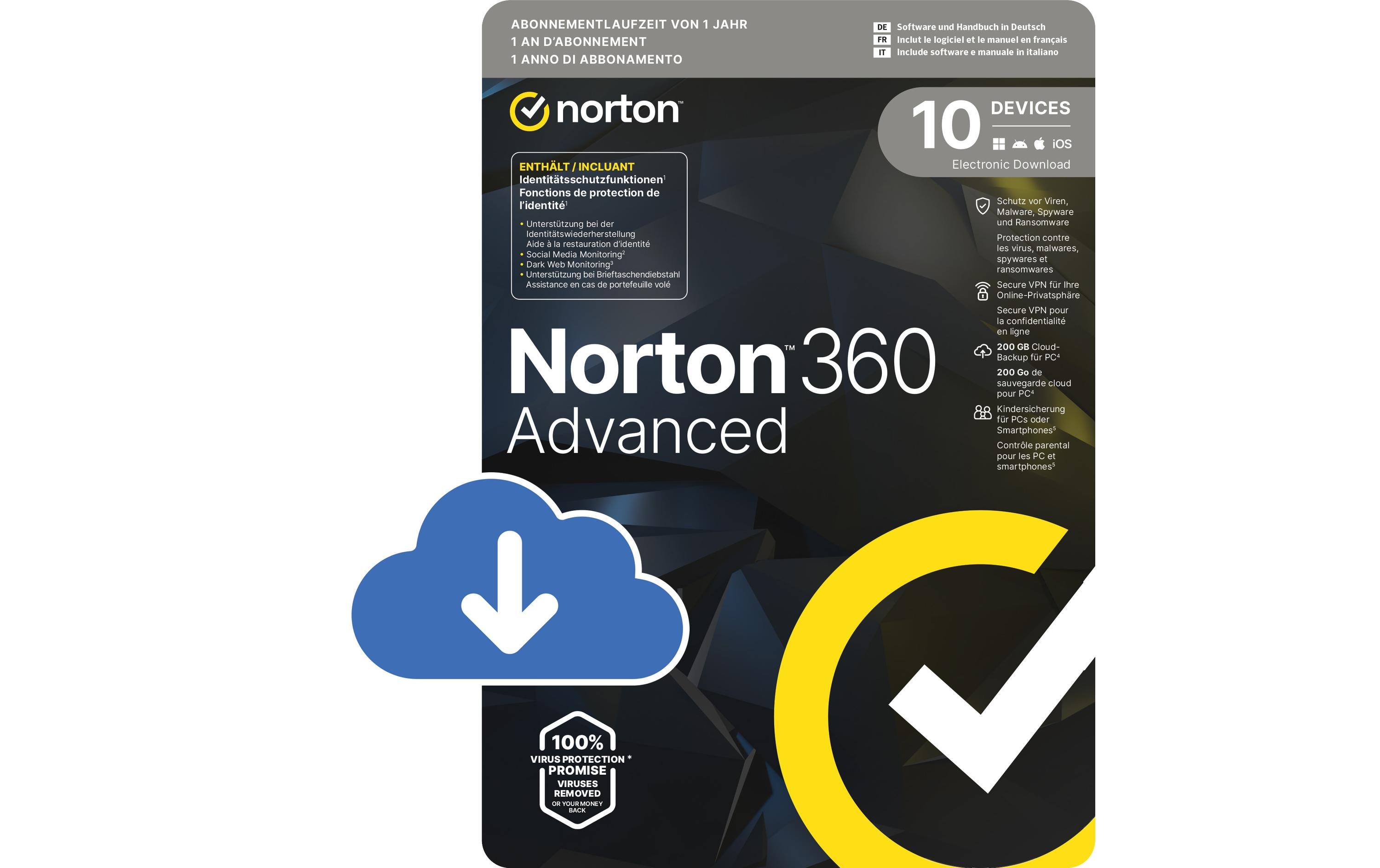 Norton 360 Advanced ESD, 10 Device, 1 Jahr, 200GB Cloud Speicher Norton 360 Advanced ESD, 10 Device, 1 Jahr, 200GB Cloud Speicher