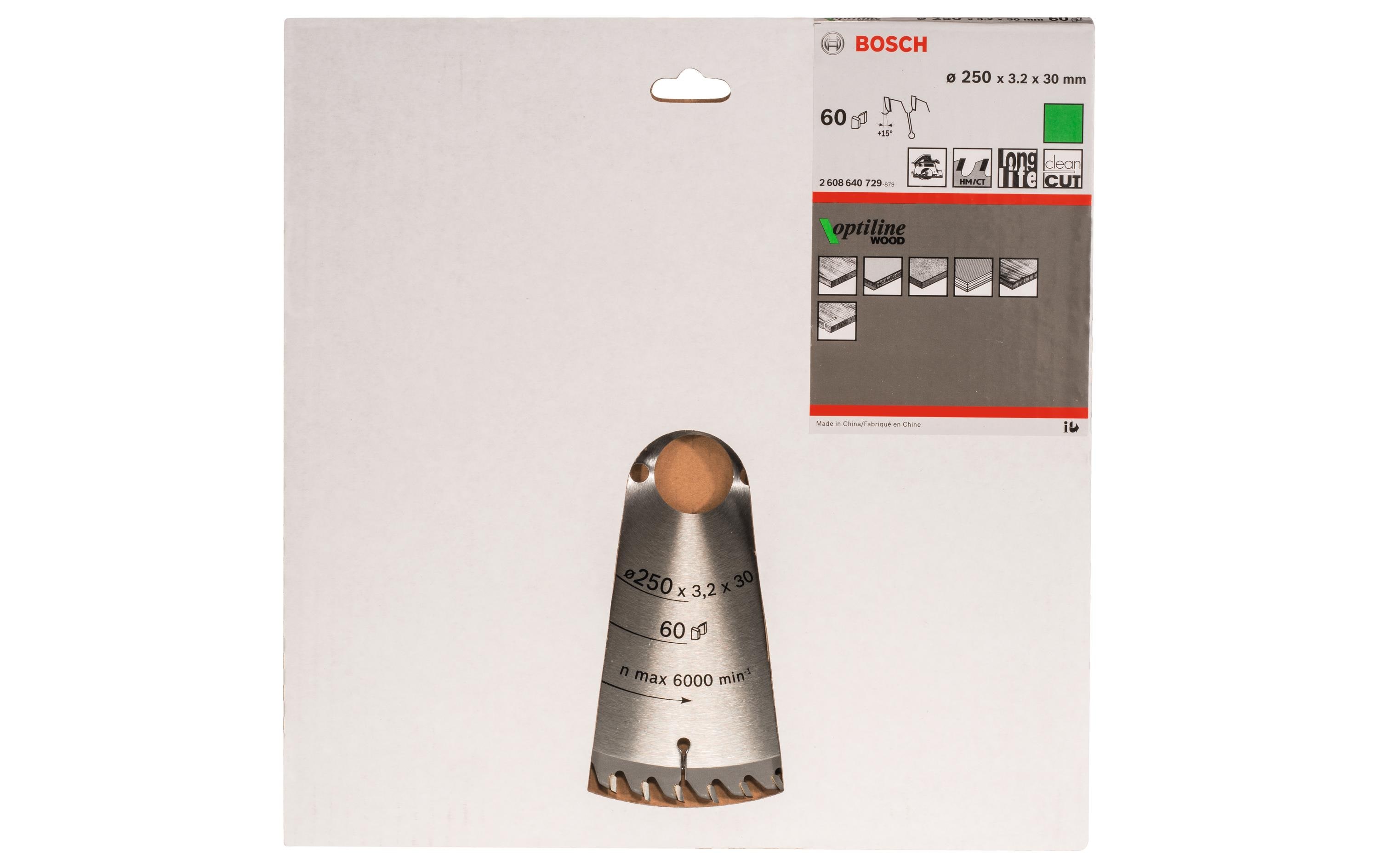 Bosch Professional Kreissägeblatt Optiline Wood, 250 x 30 x 3.2 mm, Z 60