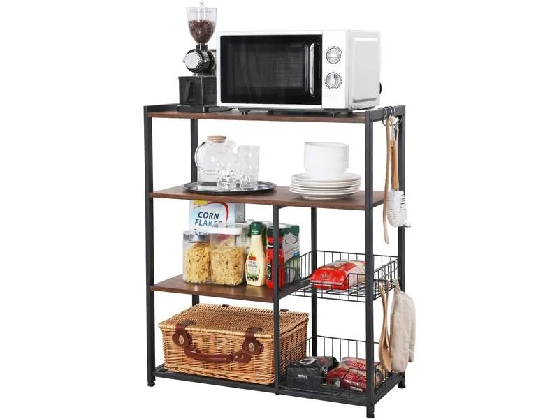 VASAGLE Küchenregal mit 6 Haken 90 x 80 cm, Braun/Schwarz VASAGLE Küchenregal mit 6 Haken 90 x 80 cm, Braun/Schwarz