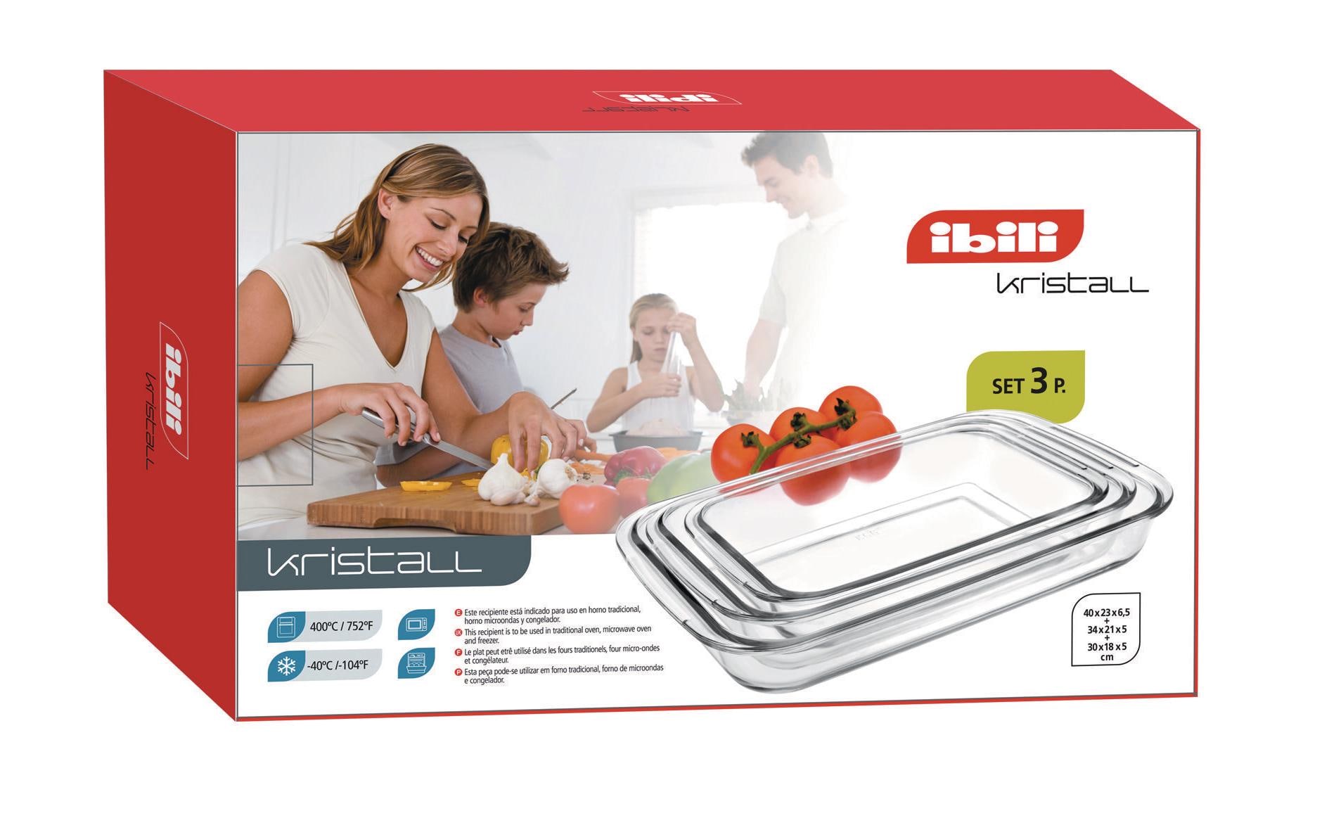 Ibili Auflaufform-Set 3 Stück, Eckig, Transparent