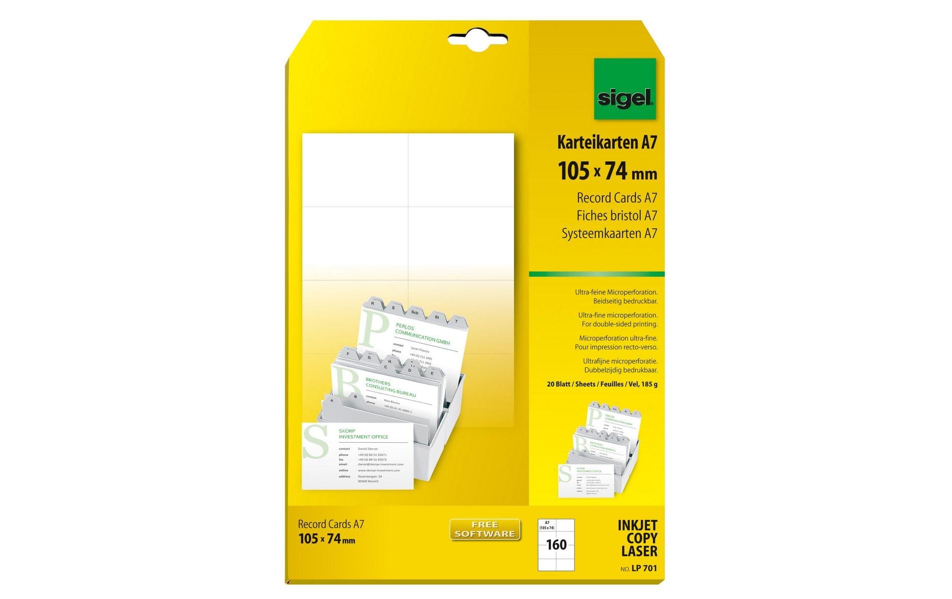 Sigel Karteikarten A7 (A4), 20 Blatt, 185 g, Weiss