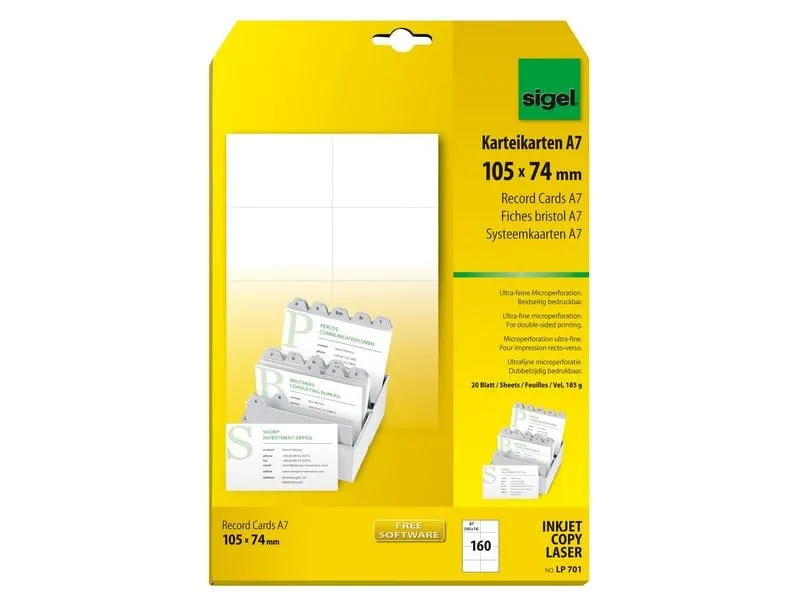 Sigel Karteikarten A7 (A4), 20 Blatt, 185 g, Weiss Sigel Karteikarten A7 (A4), 20 Blatt, 185 g, Weiss