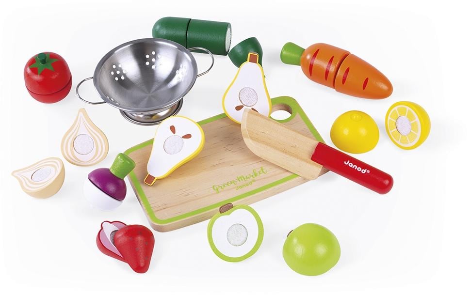 Janod Obst- und Gemüse-Set «Green Market» mit Zubehör im Kasten
