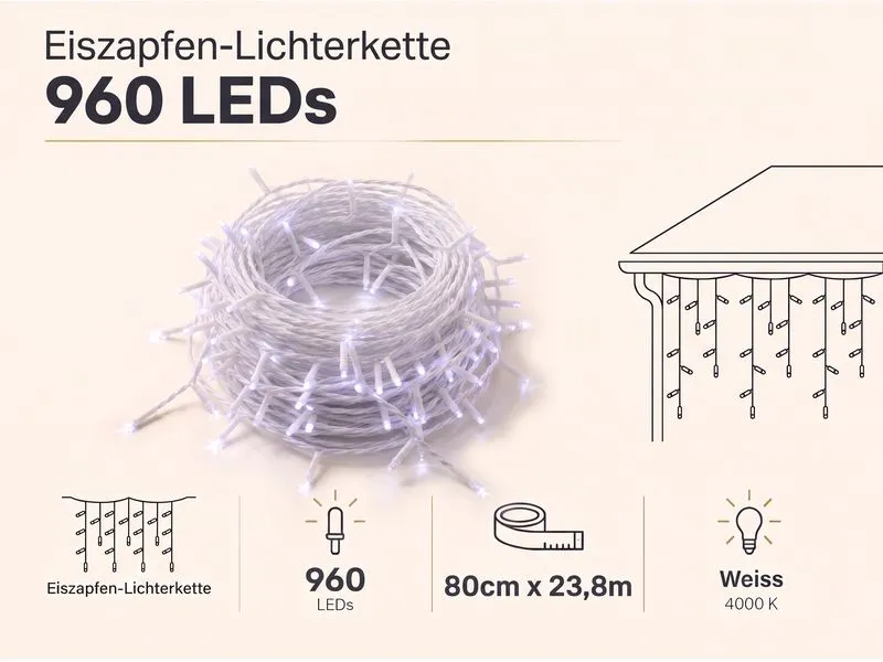 COCON Eiszapfen-Lichterkette LED Neutralweiss, 23.8 m