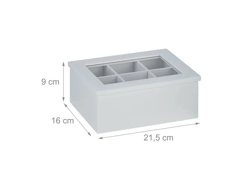 relaxdays Teebeutel-Box 6 Fächer, Transparent/Weiss