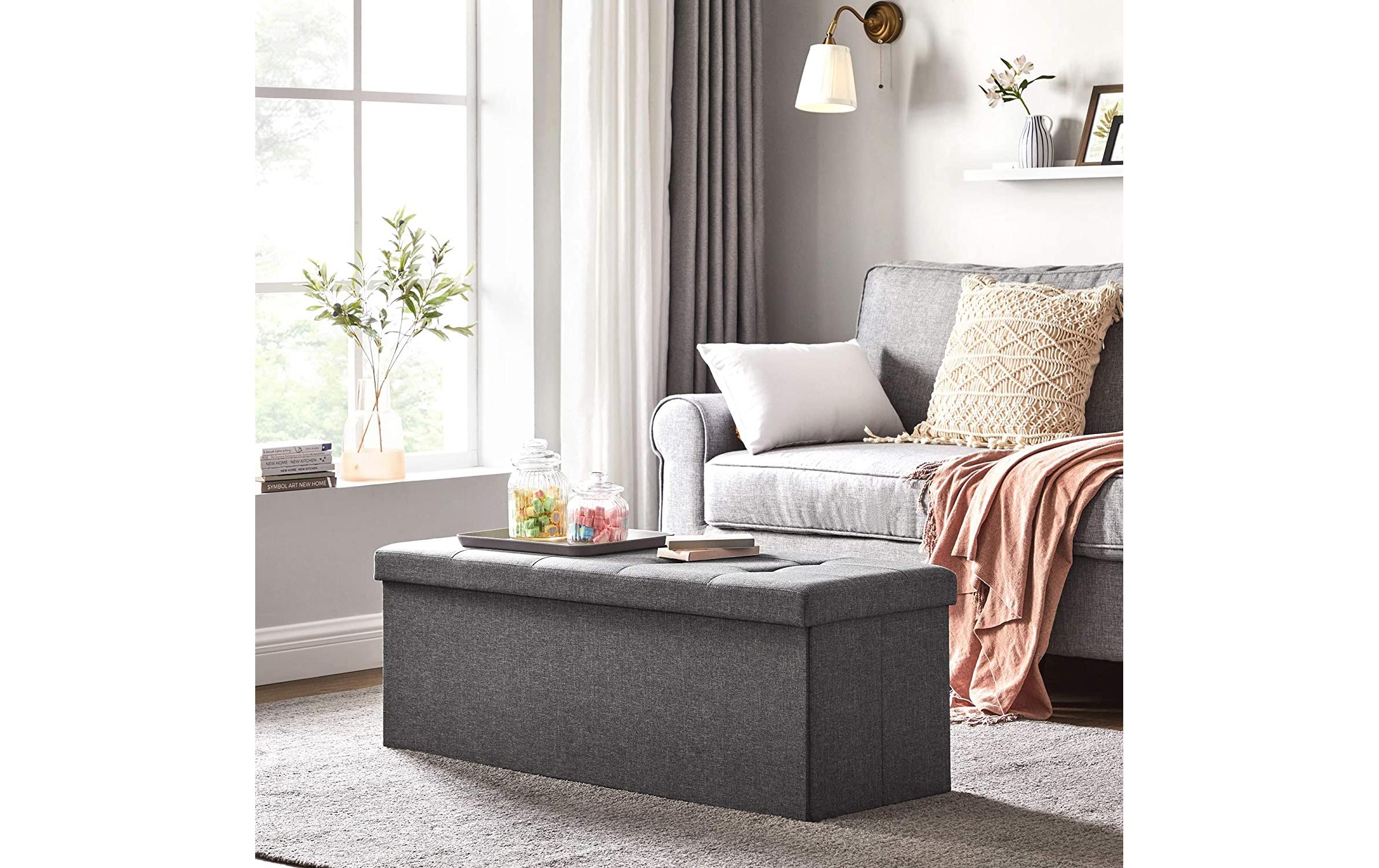 Songmics Sitztruhe Polsterbank aus Leinen, Grau
