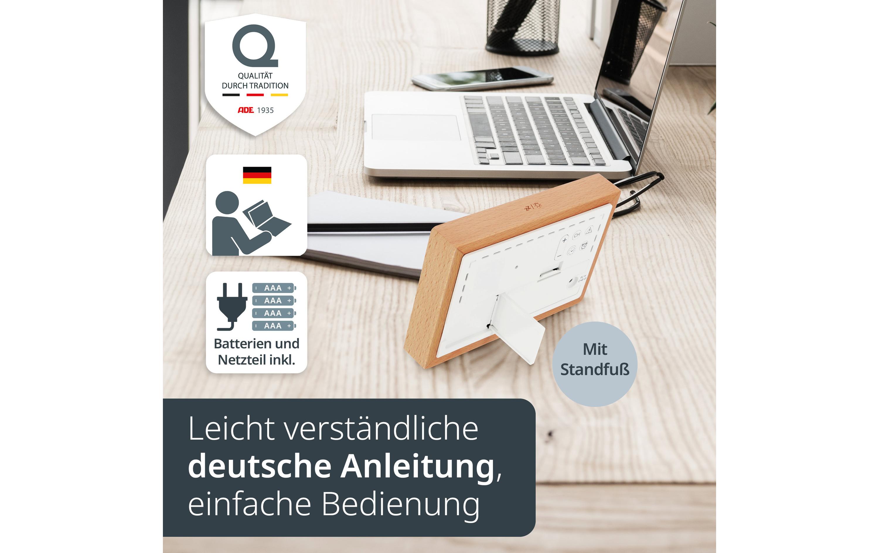 ADE Wetterstation mit Funk-Aussensensor Holz-weiss