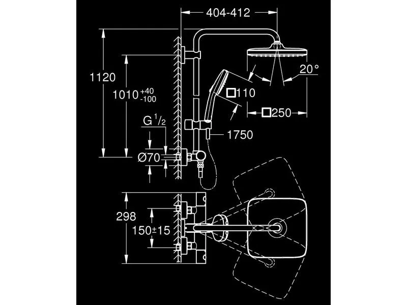 GROHE Vitalio Comfort 250 eckig mit Thermostatarmatur Mattschwarz GROHE Vitalio Comfort 250 eckig mit Thermostatarmatur Mattschwarz