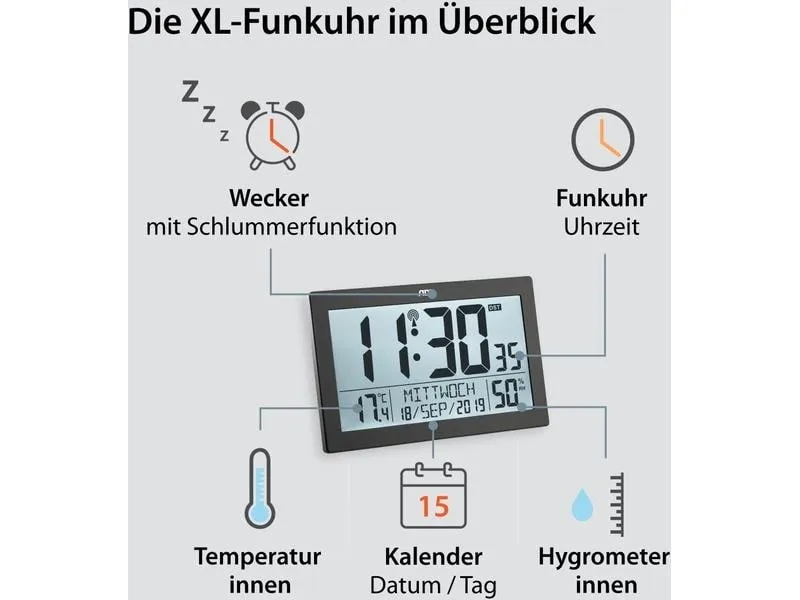ADE Funk-Wanduhr XL, Schwarz